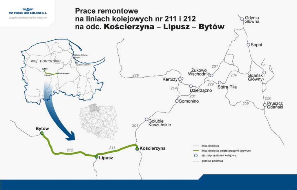 lokalizacja linii kolejowej Kościerzyna - Lipusz - Bytów