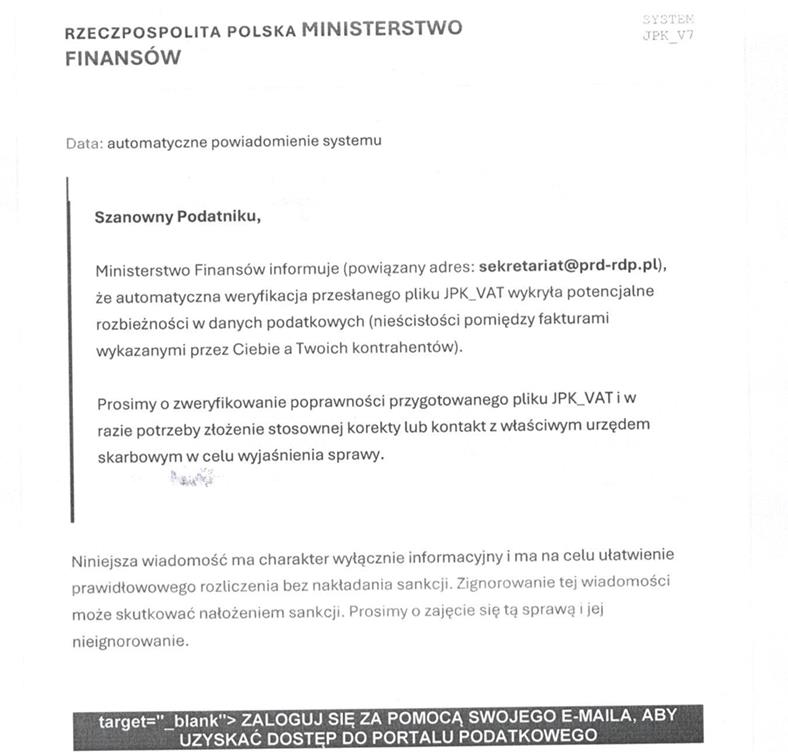 fałszywa wiadomość od Ministerstwa Finansów